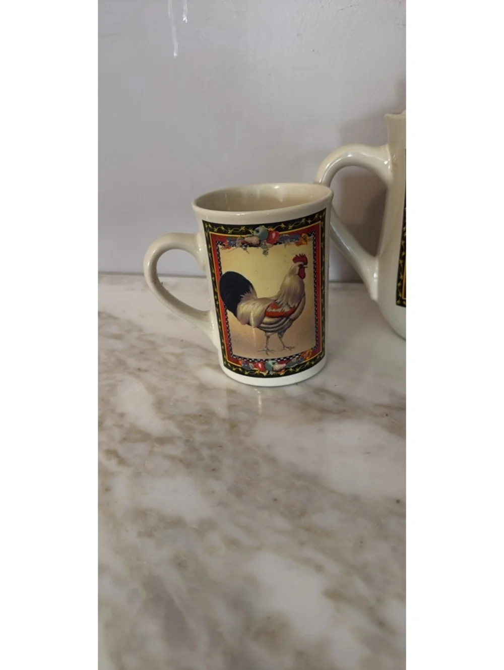 Vintage Rooster Brand Tea Set with Teapot and Two Mugs